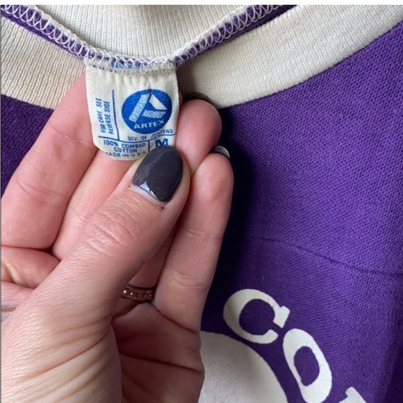 Vintage Mohican County T-shirt ringer raglan stripe 70s 80s Native purple white - Picture 3 of 7